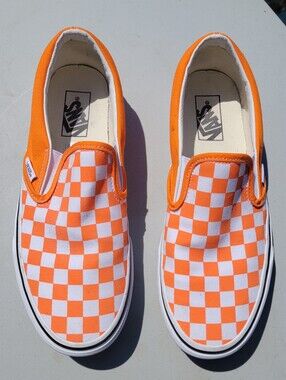 Vans Orange White Checkered Slip-On Shoes, size men's 8 , ladies 9.5